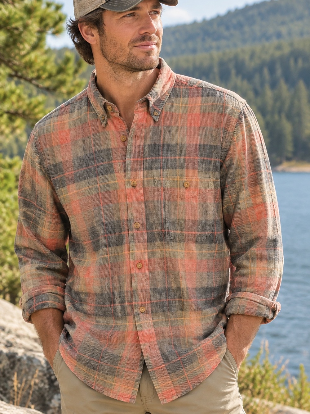 ORVIS Corduroy Button-Down Plaid Shirt in Orange Grey Green Men’s Medium - Picture 14 of 14